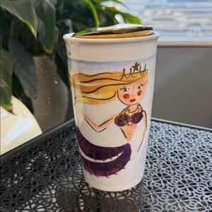 STARBUCKS ceramic siren mermaid travel mug.